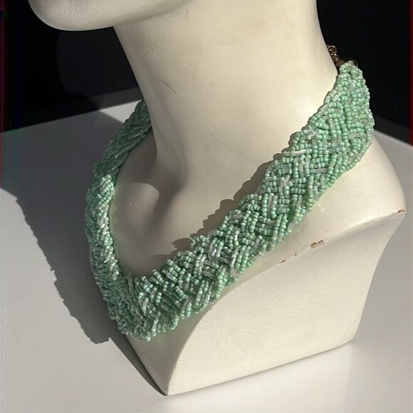 Elegant Mint Green and Clear Multi-Strand Pill Bead Necklace - 17 Inches - Picture 6 of 14